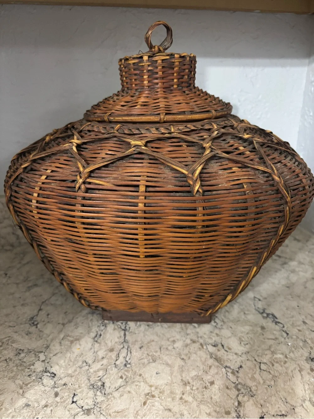 Vintage Asian Woven Rattan Basket with Square Base and Lid Home Decor